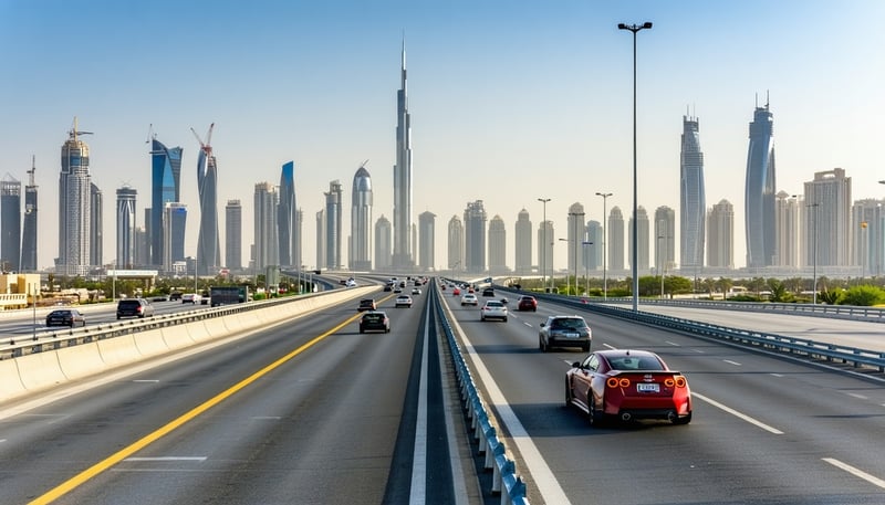 Dubai toll road with fast-moving cars and city skyline Dubai toll road with fast-moving cars and city skyline