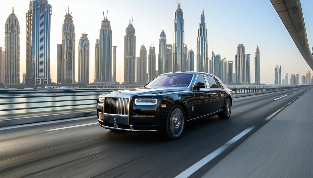 Luxury vehicle driving through Dubai skyline Luxury vehicle driving through Dubai skyline